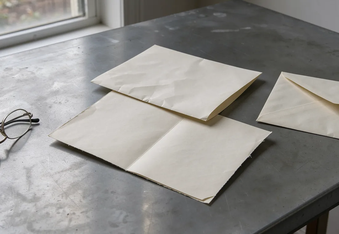 Two sheets of plain stationery overlapping beside an unsealed envelope in overcast window light