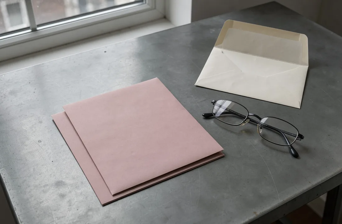 Folded stationery laid beside reading glasses, with an empty envelope flap open on a pale zinc desk