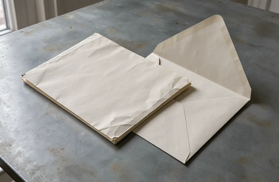 A single folded letter partly inside an unsealed envelope, with soft window light across zinc