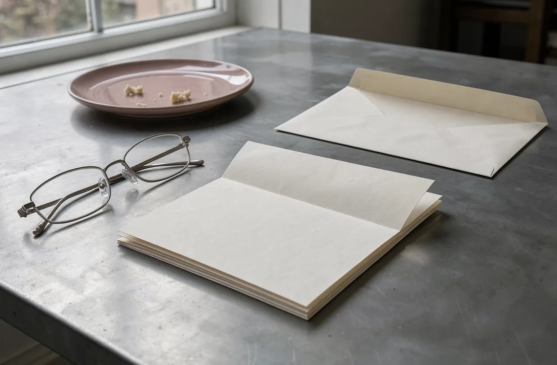 Reading glasses resting beside a folded sheet and an open envelope on a zinc writing table