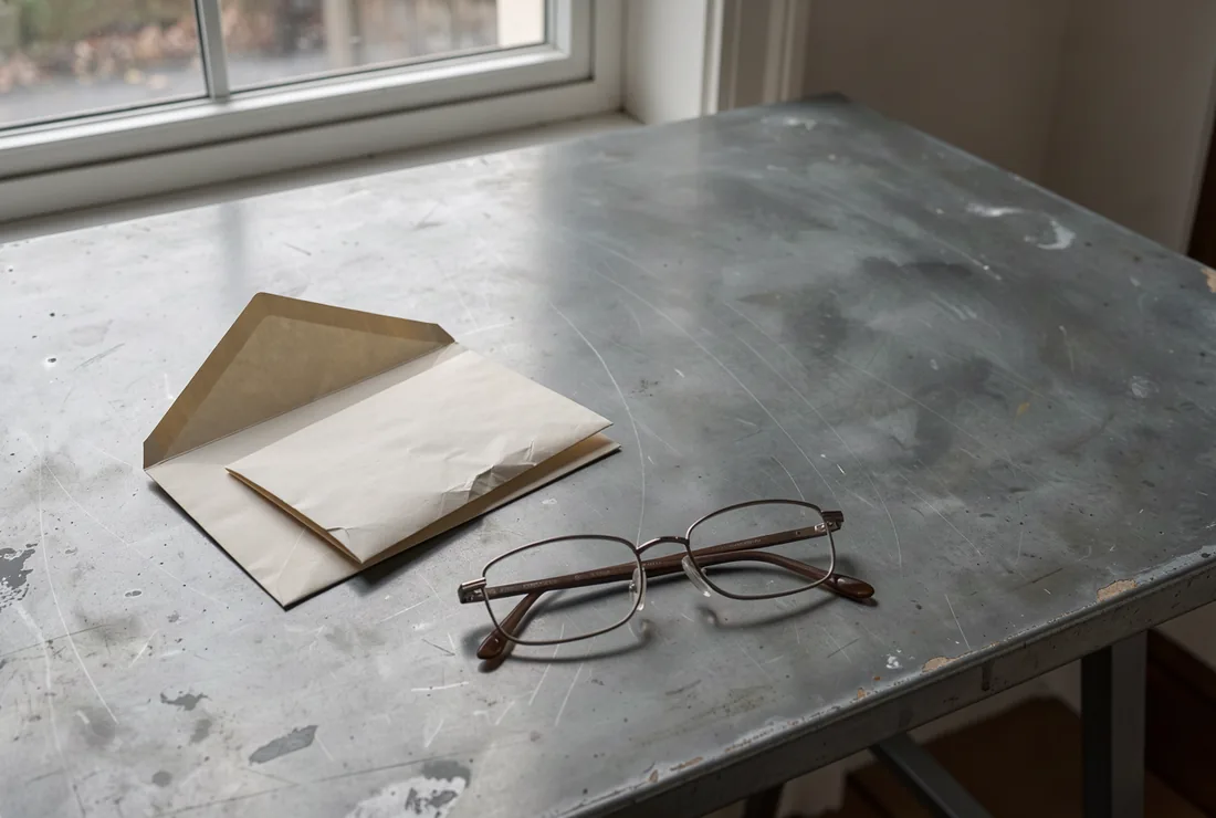 An unsealed cream envelope with folded paper and reading glasses on a pale zinc table