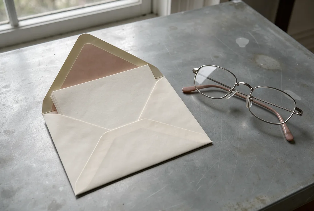 An open envelope with a small folded sheet and reading glasses at the edge of a zinc table