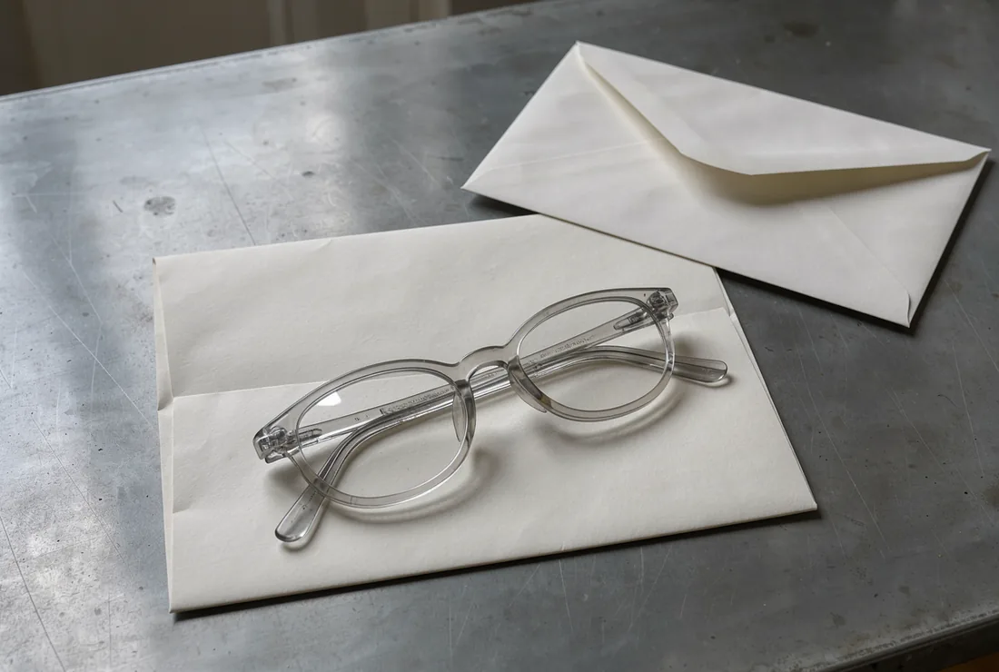Reading glasses lying across a blank folded page beside an unsealed envelope in soft daylight